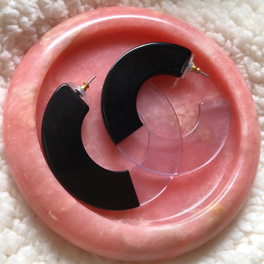 Clear & Black Large Open Hoop Post Earrings - Picture 2 of 3